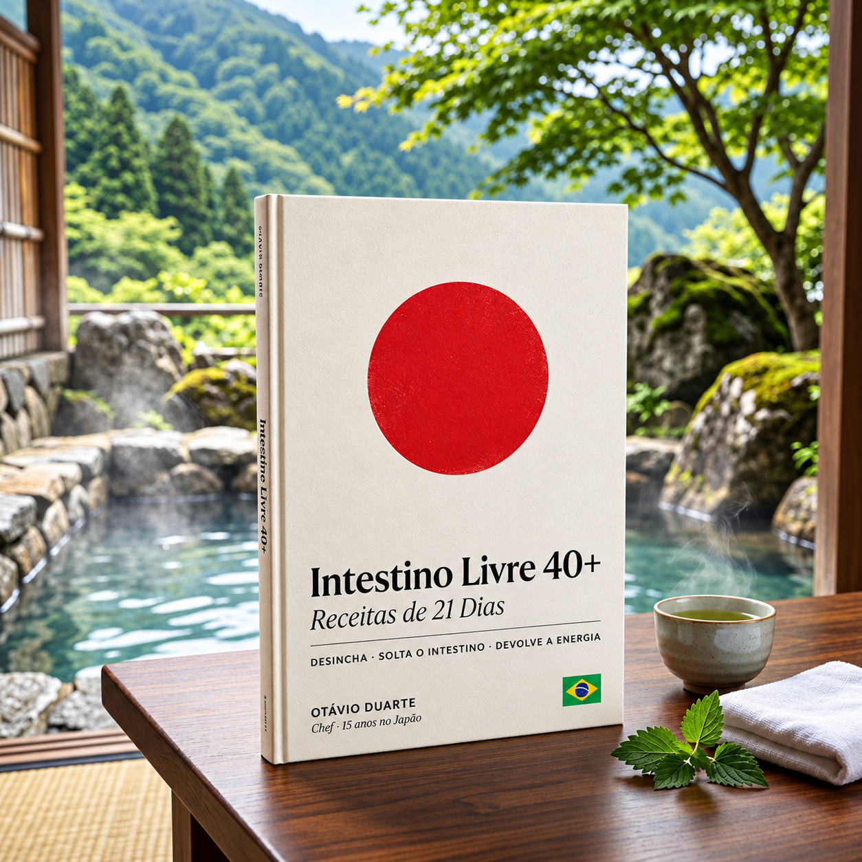 Capa do livro Intestino Livre 40+: Receitas de 21 Dias, de Otávio Duarte, sobre uma mesa de madeira diante de uma fonte termal japonesa