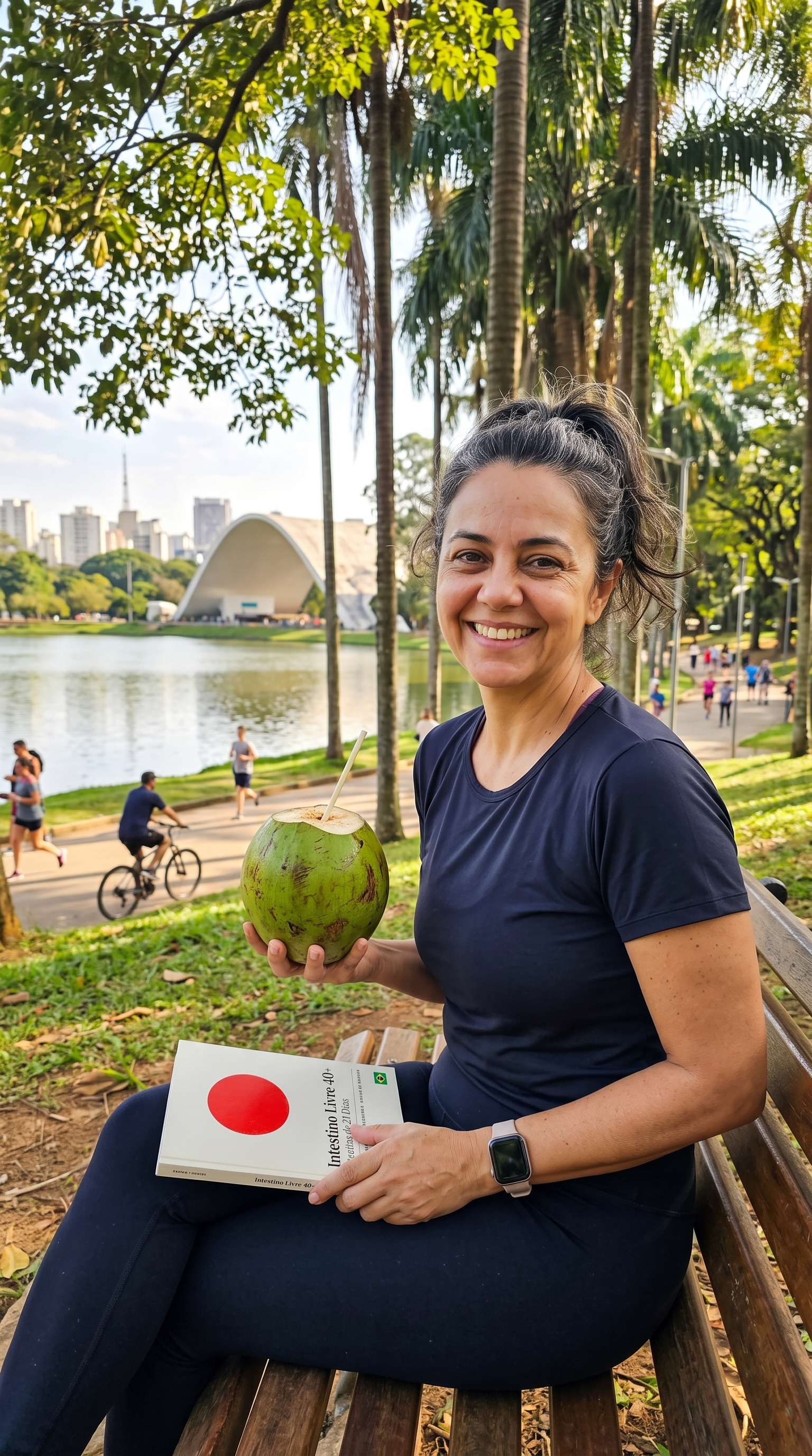 Lúcia depois: sorrindo num banco de parque, com um coco e o livro Intestino Livre 40+