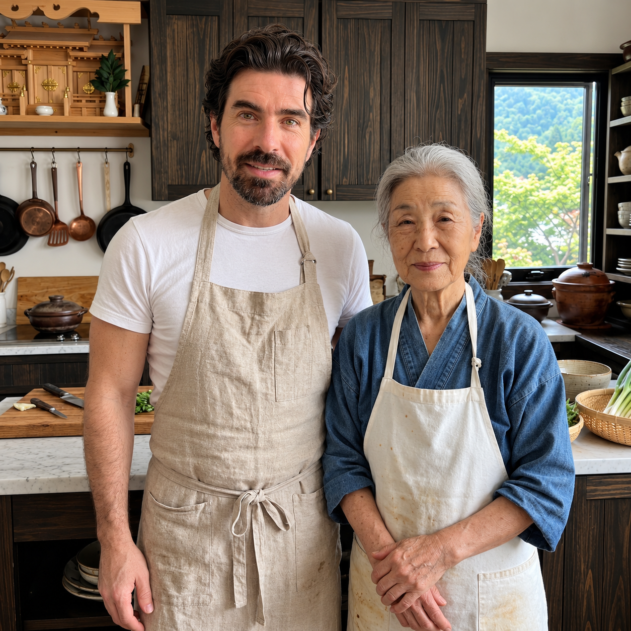 Otávio Duarte de avental ao lado de uma cozinheira japonesa idosa, numa cozinha de madeira escura