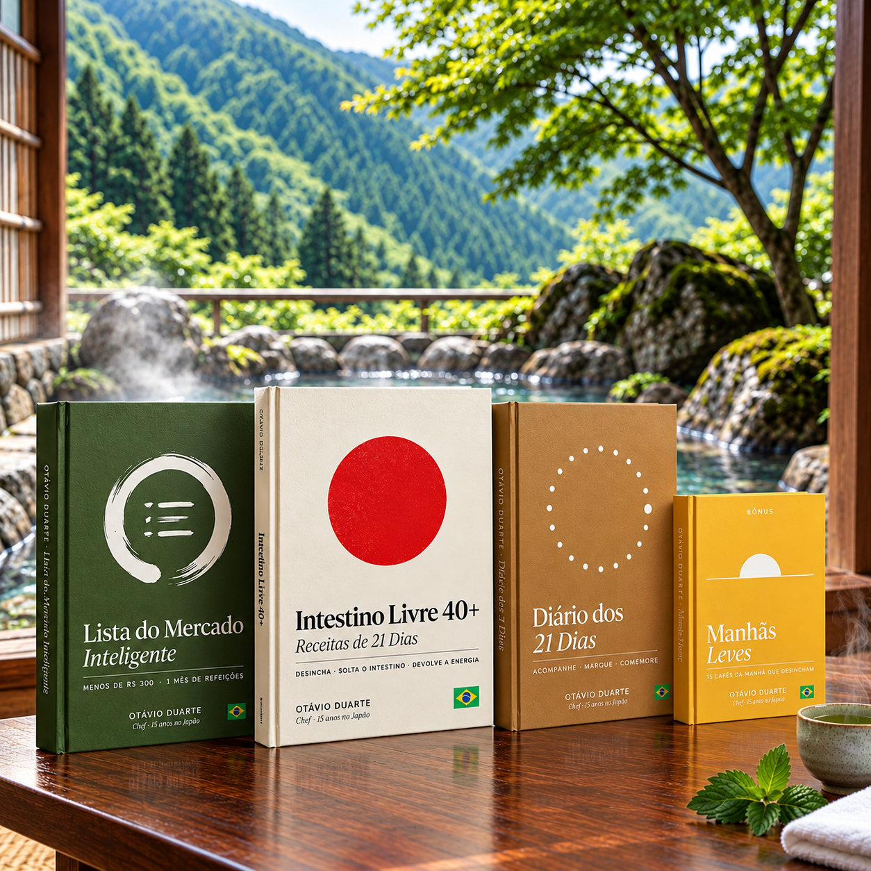 Os quatro livros do pacote lado a lado: Lista do Mercado Inteligente, Intestino Livre 40+, Diário dos 21 Dias e o bônus Manhãs Leves, sobre uma mesa diante de uma fonte termal japonesa